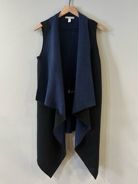 Black & Navy Open Front Asymmetrical Vest - Wool Blend